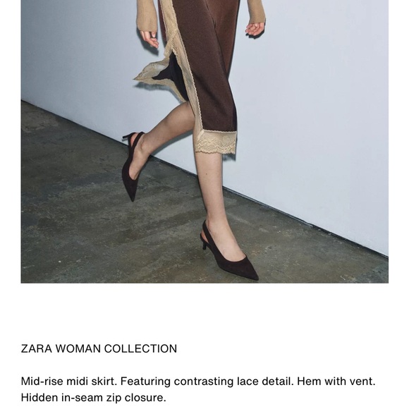 Zara NWT brown & beige lace split side lace trim midi skirt - Picture 3 of 8